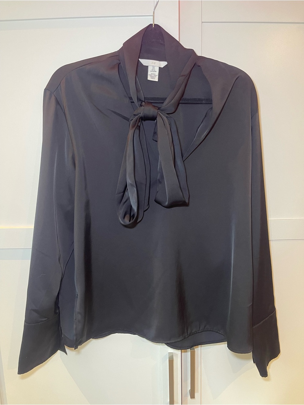 H&M Black Satin Tie-Neck Blouse with Bow